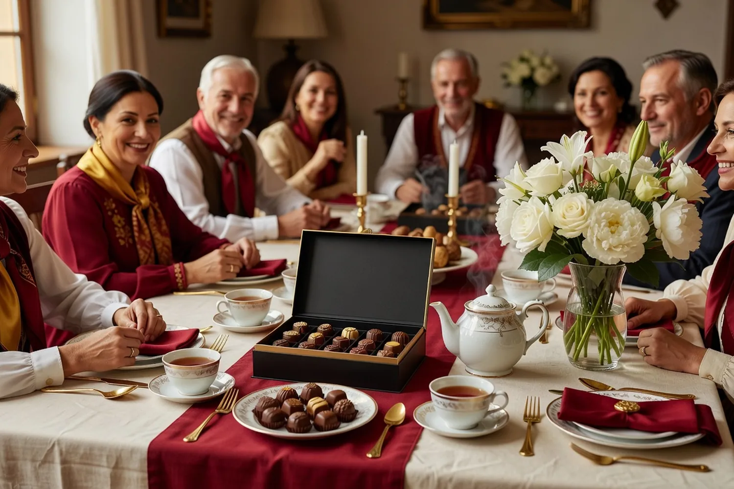 Table garnie de chocolats français, thé et un bouquet de fleurs blanches en nombre impair