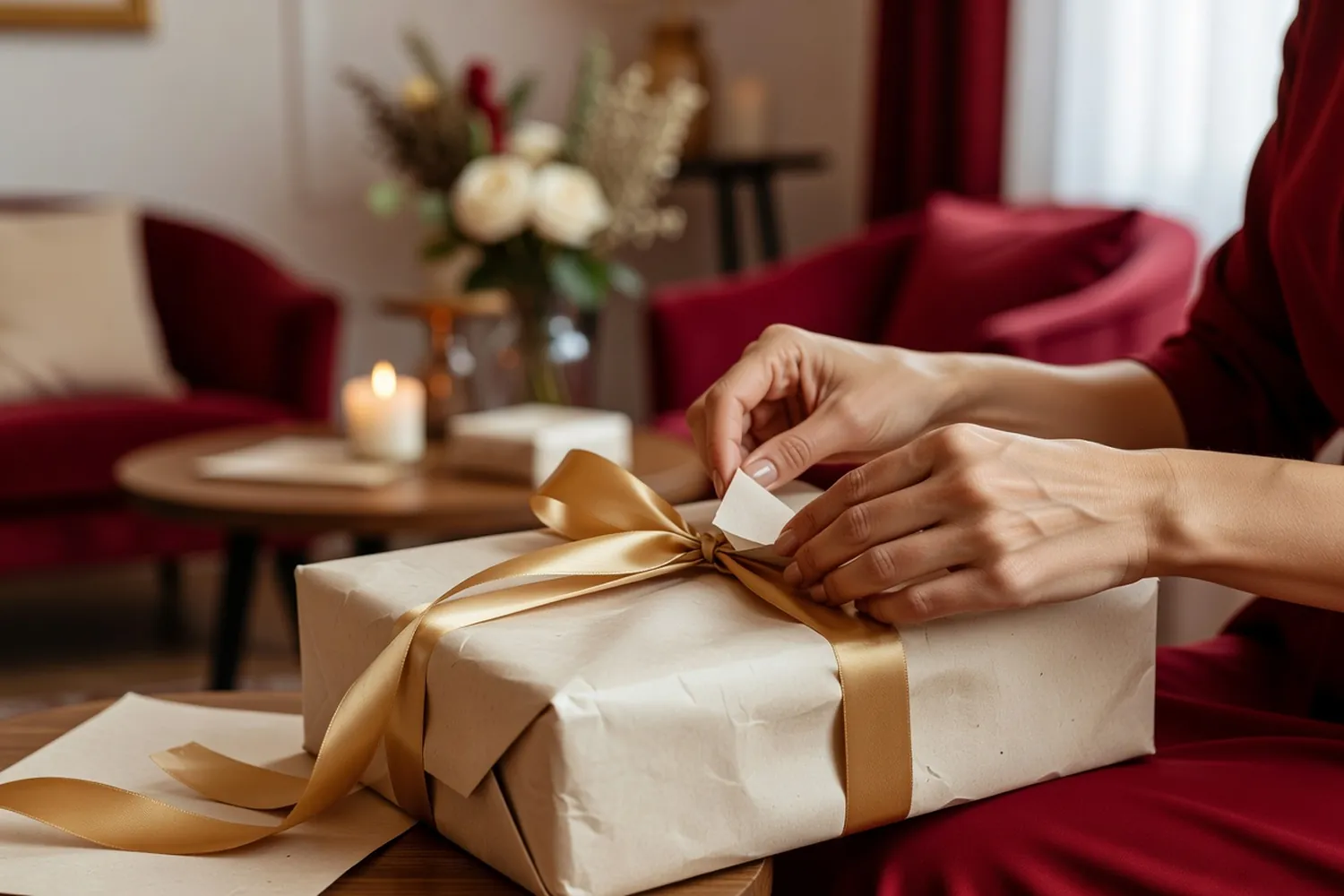 Mains d'une femme déballant un cadeau emballé avec un ruban dans un salon