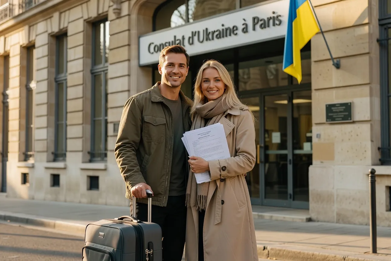 Couple franco-ukrainien souriant devant le consulat d'Ukraine à Paris, valise et documents en main