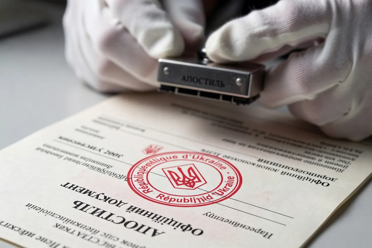 Tampon officiel d'apostille rouge sur document juridique ukrainien, plan rapproché