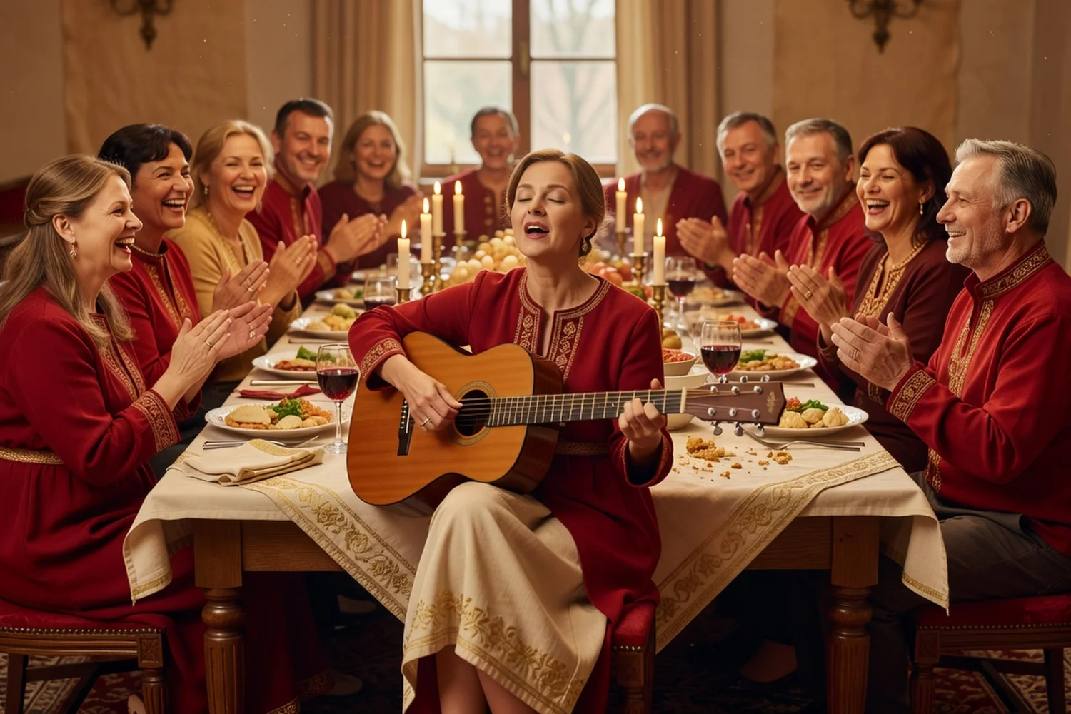 Femme chantant à la guitare lors d'un dîner de famille slave