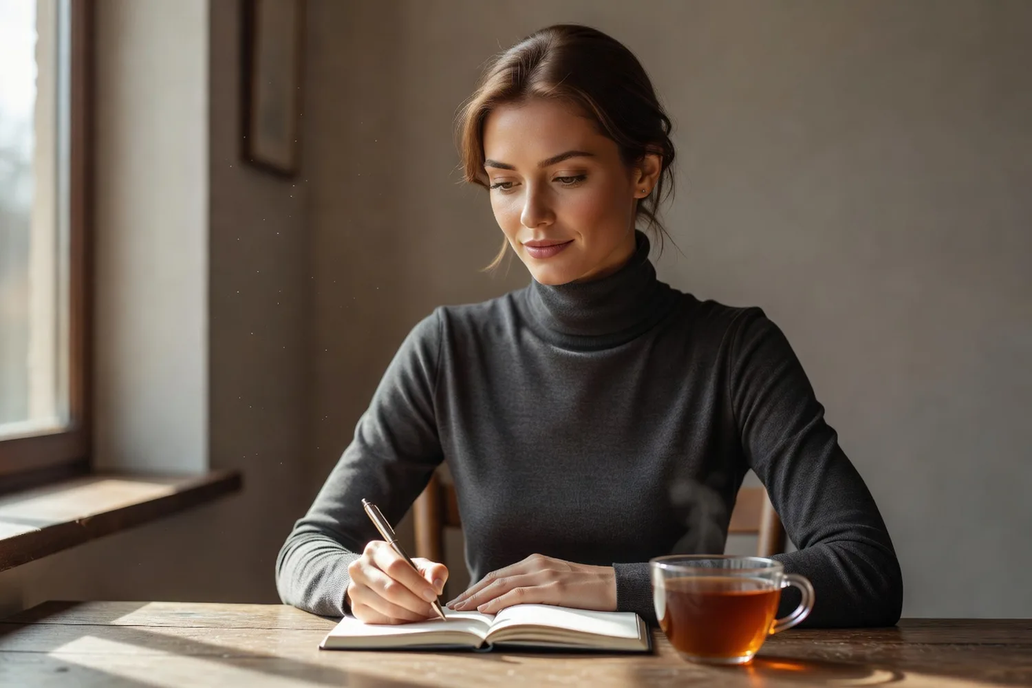 Jeune femme aux cheveux châtains écrivant dans un carnet à côté d'une tasse de thé, lumière naturelle d'intérieur