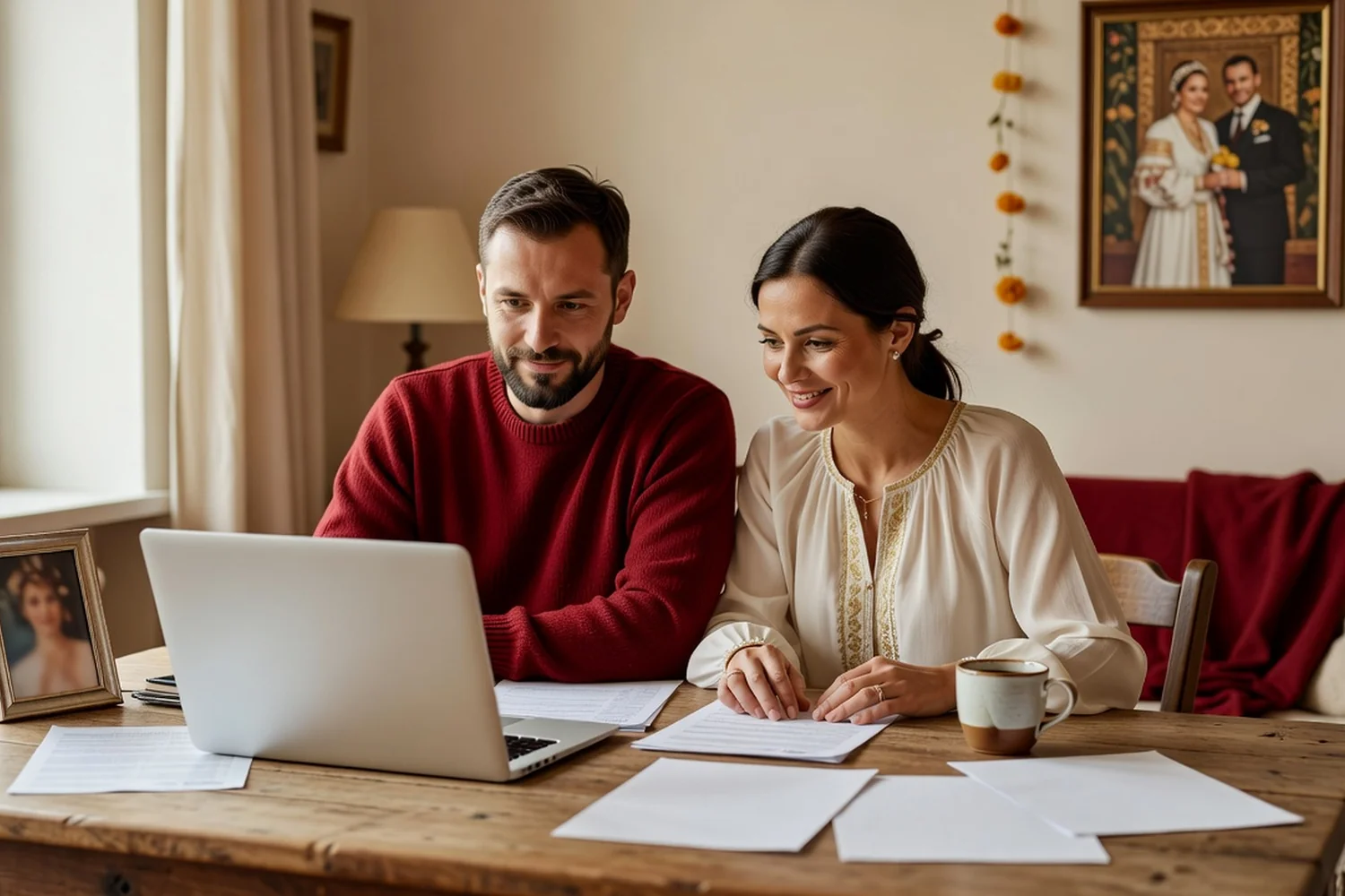Couple organisant ses finances ensemble devant un ordinateur portable