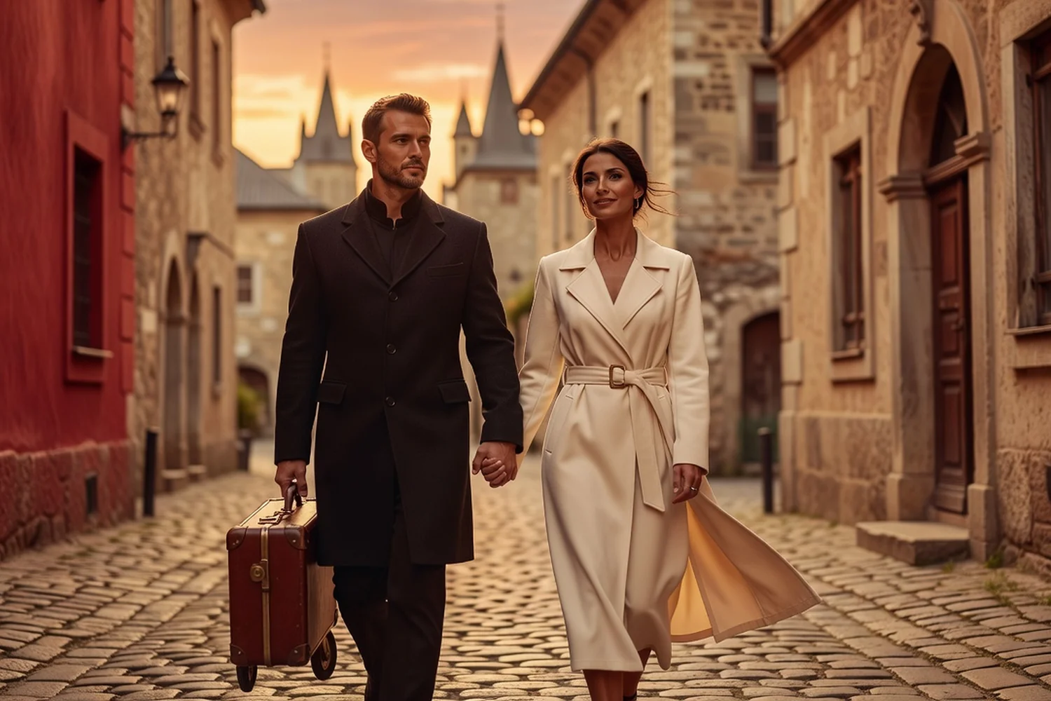 Couple marchant main dans la main avec une valise dans une vieille ville européenne
