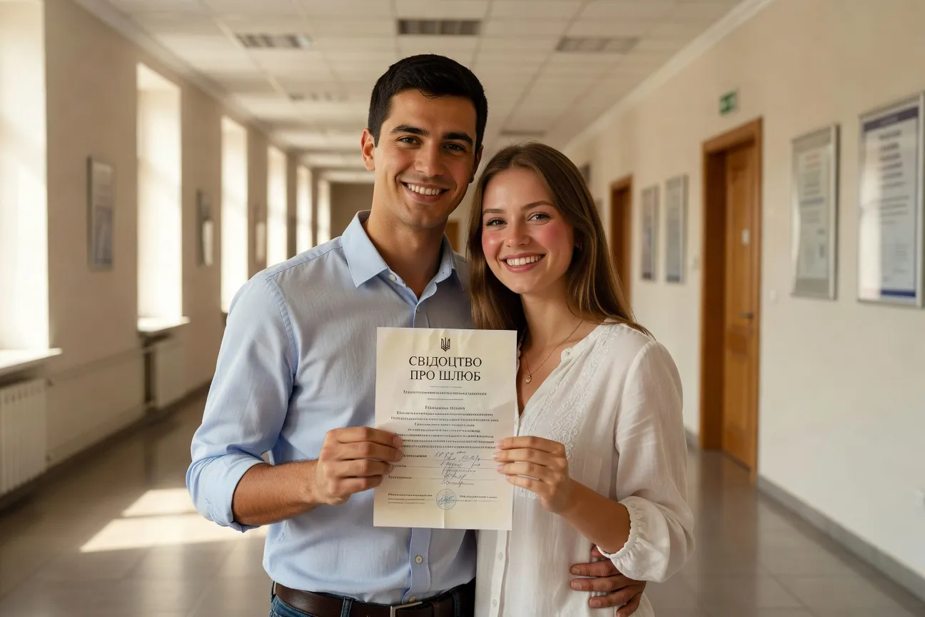 Couple tenant leur acte de mariage ukrainien, sourires dans le couloir du RAGS