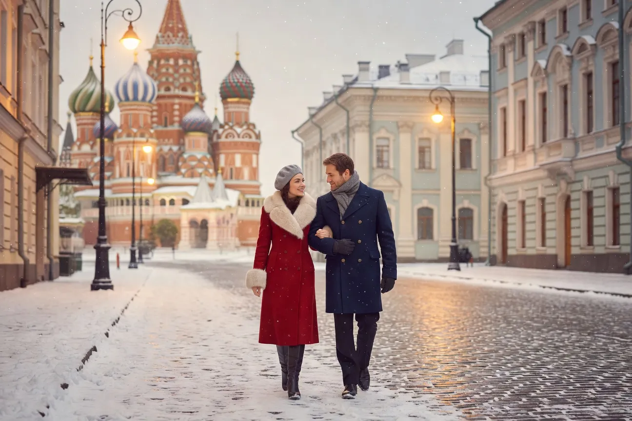Couple franco-russe se promenant dans les rues de Moscou en hiver