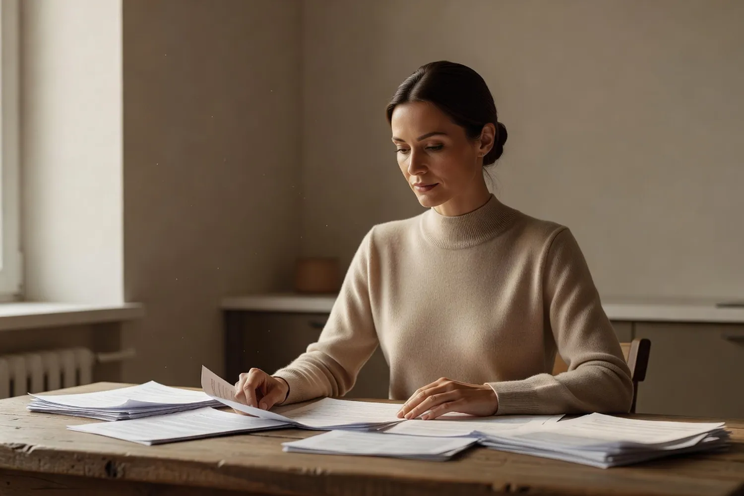 Femme russe assise seule, pensive, à une table de cuisine avec des documents administratifs