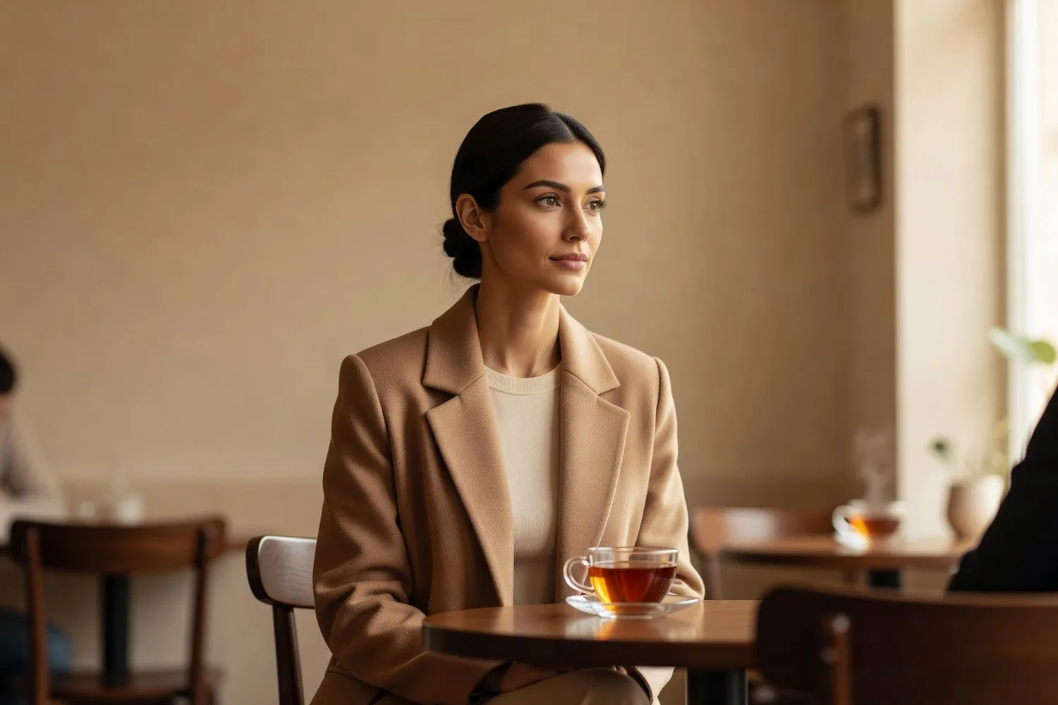 Jeune femme concentrée devant un ordinateur portable dans un café, tasse de thé à côté
