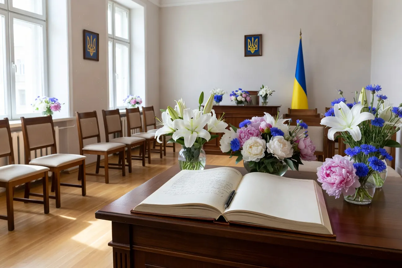 Salle d'état civil ukrainienne avec drapeaux et registre, cérémonie de mariage sobre