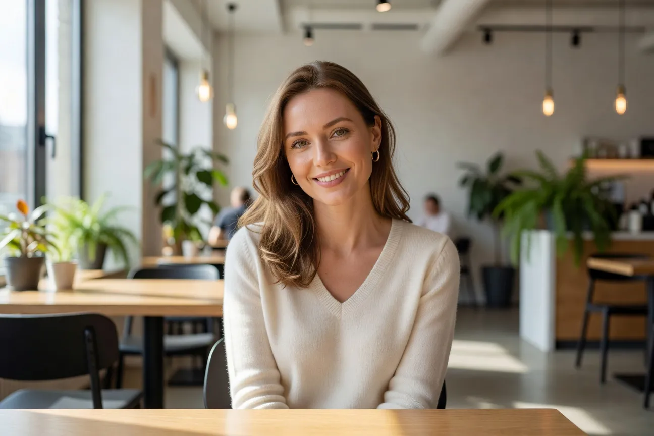 Jeune femme russe souriante dans un café, portrait naturel
