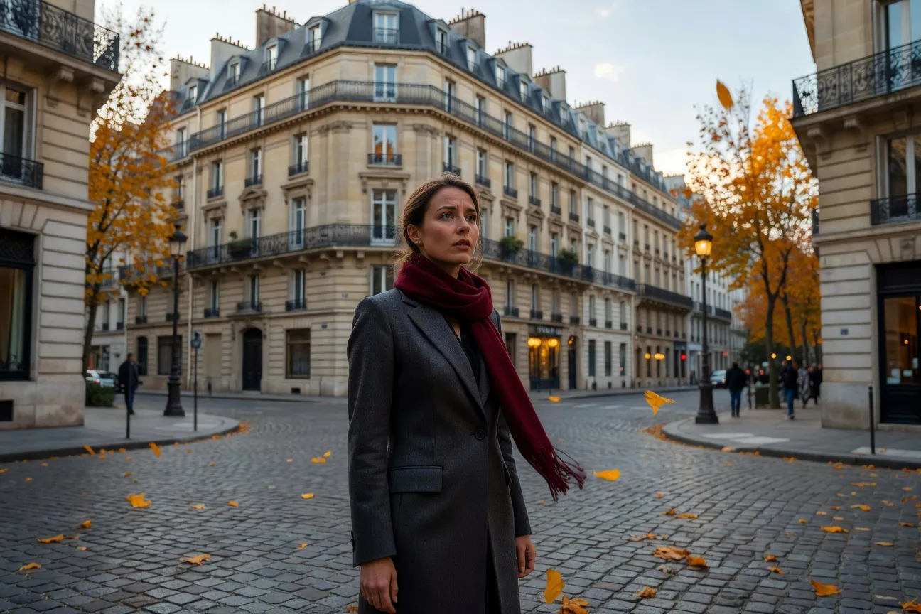 Femme russe devant la Tour Eiffel, regard pensif, intégration à Paris