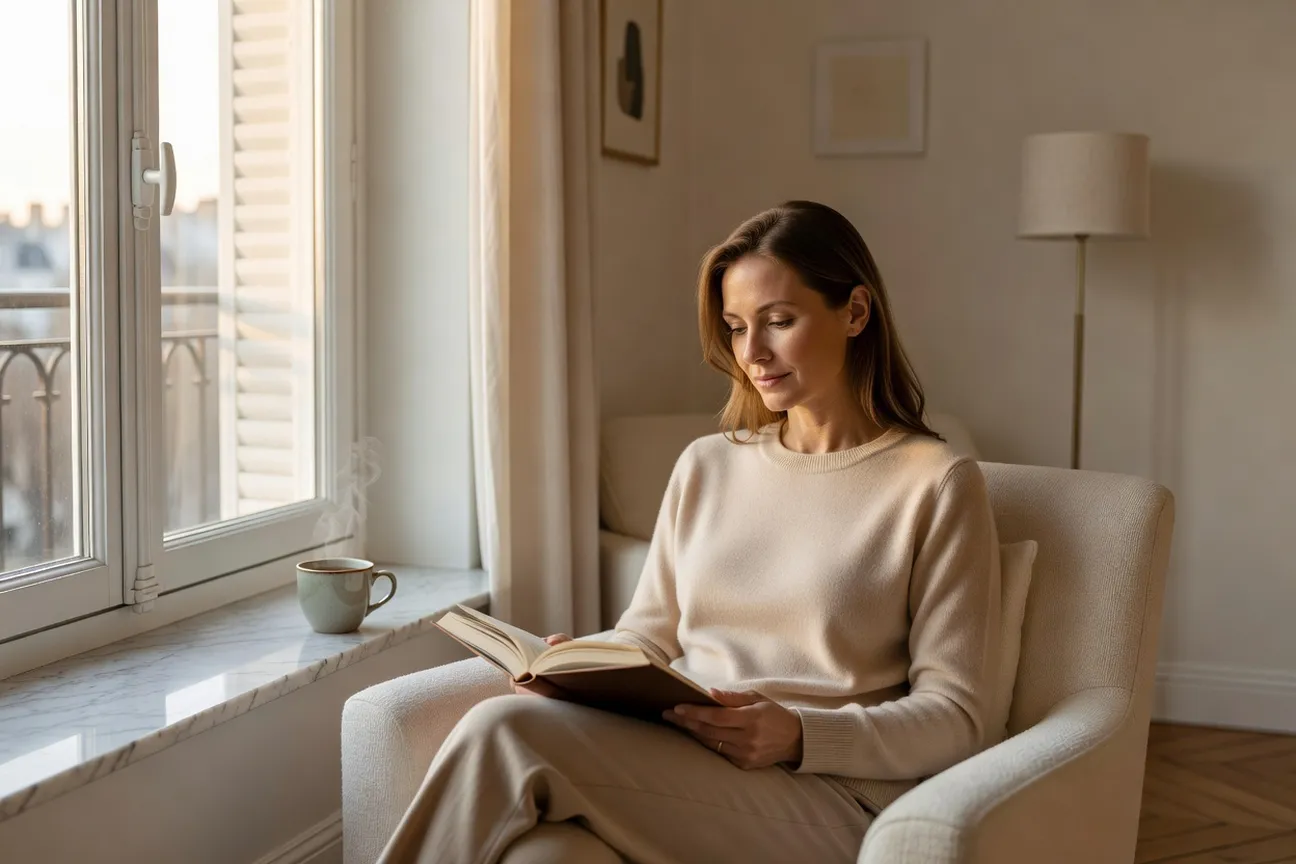 Femme russe lisant un livre près de la fenêtre dans un appartement parisien lumineux, expression sereine, ambiance domestique paisible