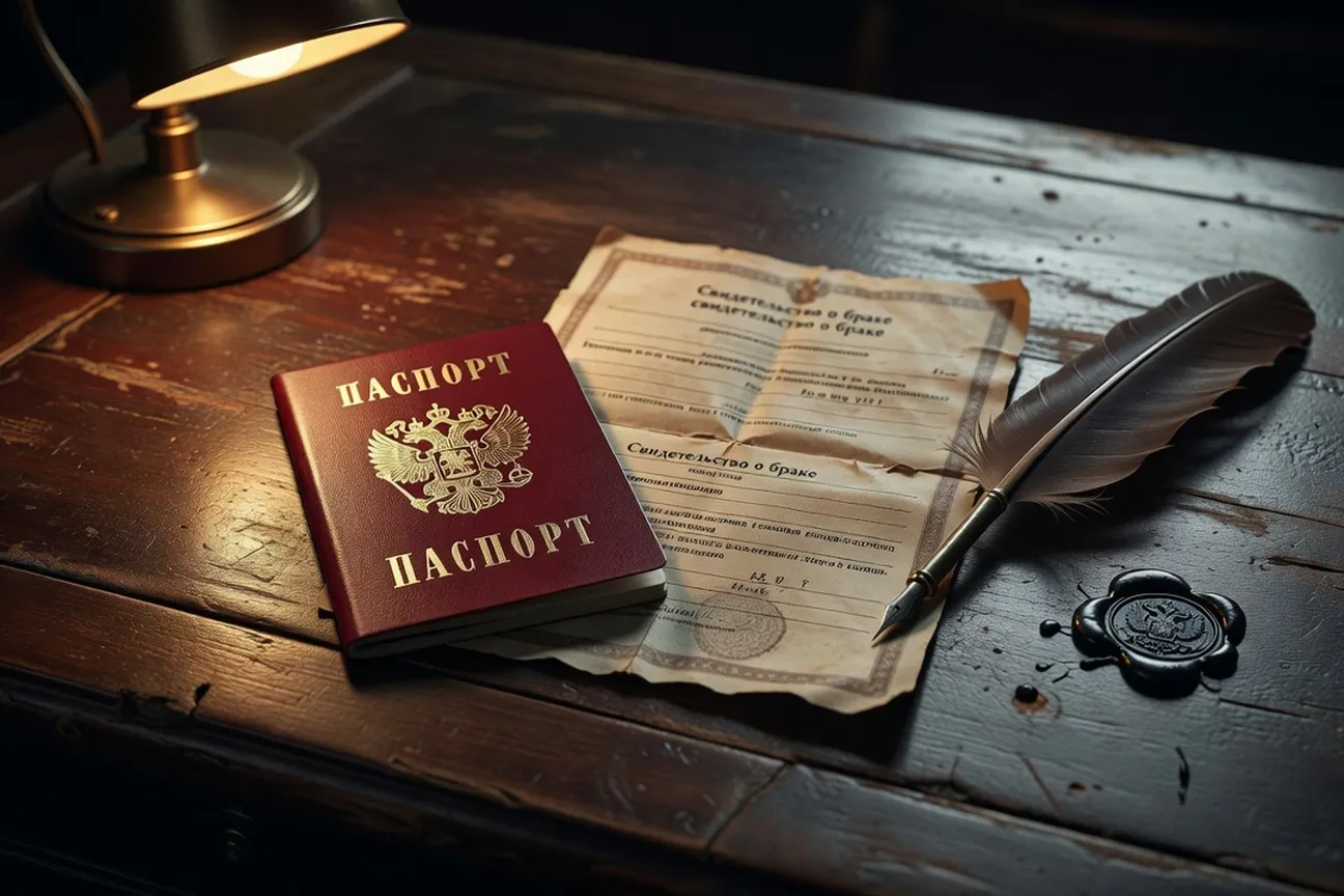 Documents officiels russes (passeport, certificat) sur bureau en bois ancien, plume et tampon de cire