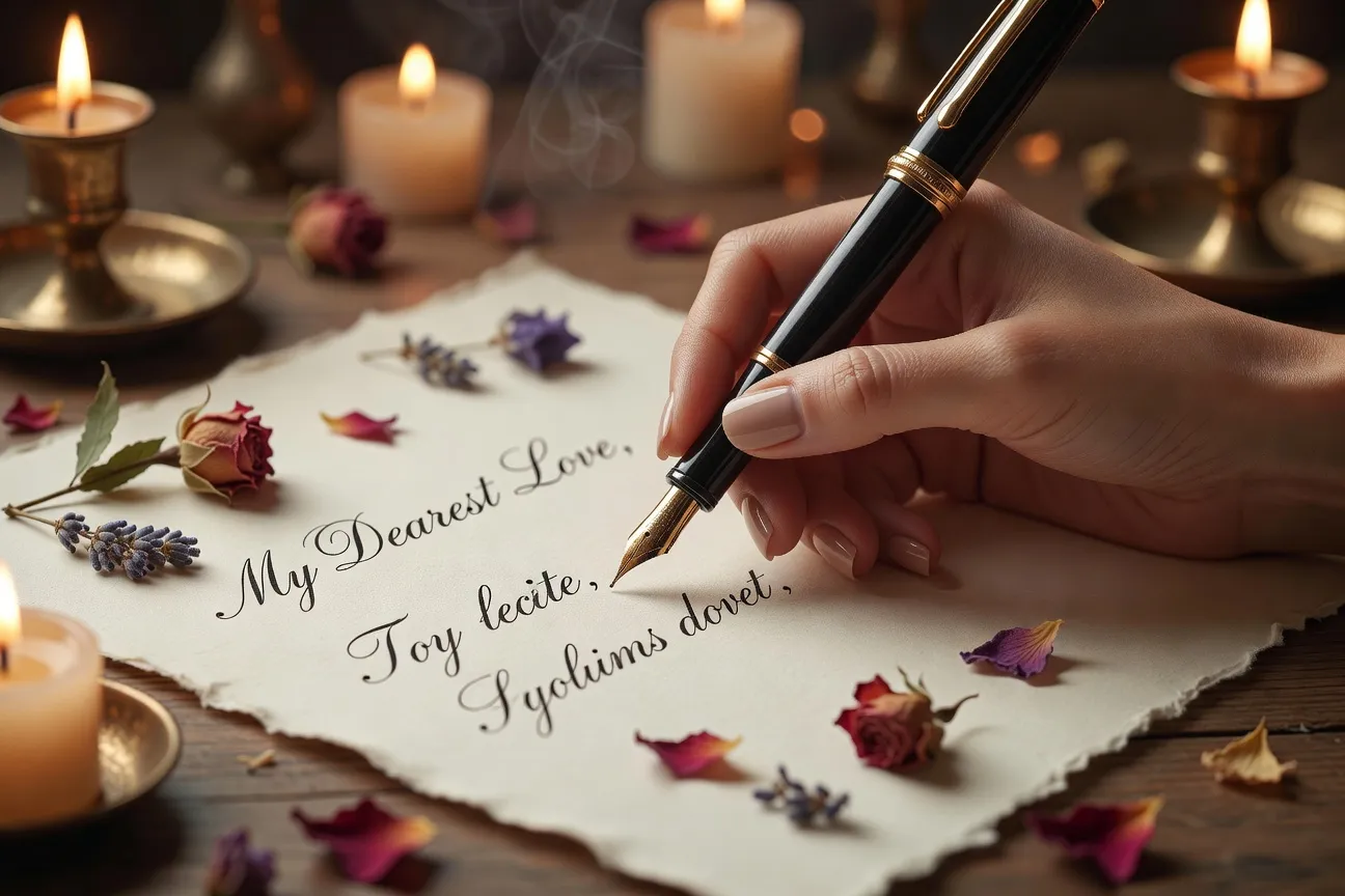 Main féminine tenant une lettre d'amour manuscrite avec des fleurs séchées