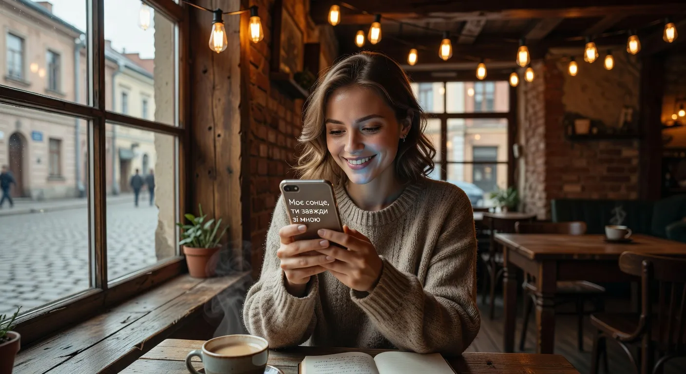 Femme ukrainienne souriant en lisant un message tendre sur son téléphone