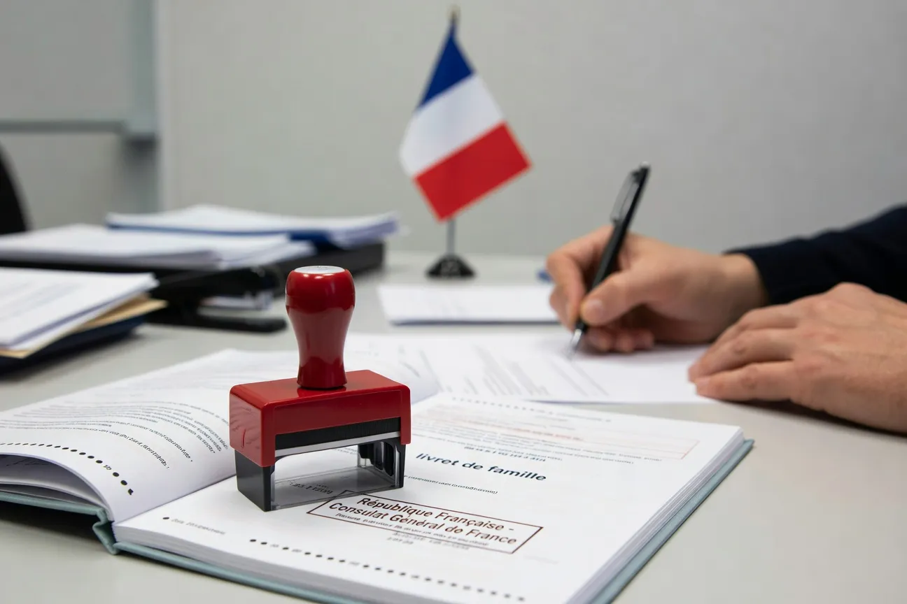 Tampon de transcription consulaire français sur livret de famille, plan rapproché