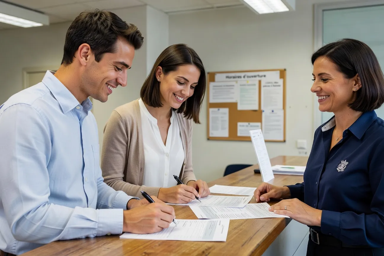 Couple souriant remplissant des documents administratifs à la mairie, employée mairie souriante