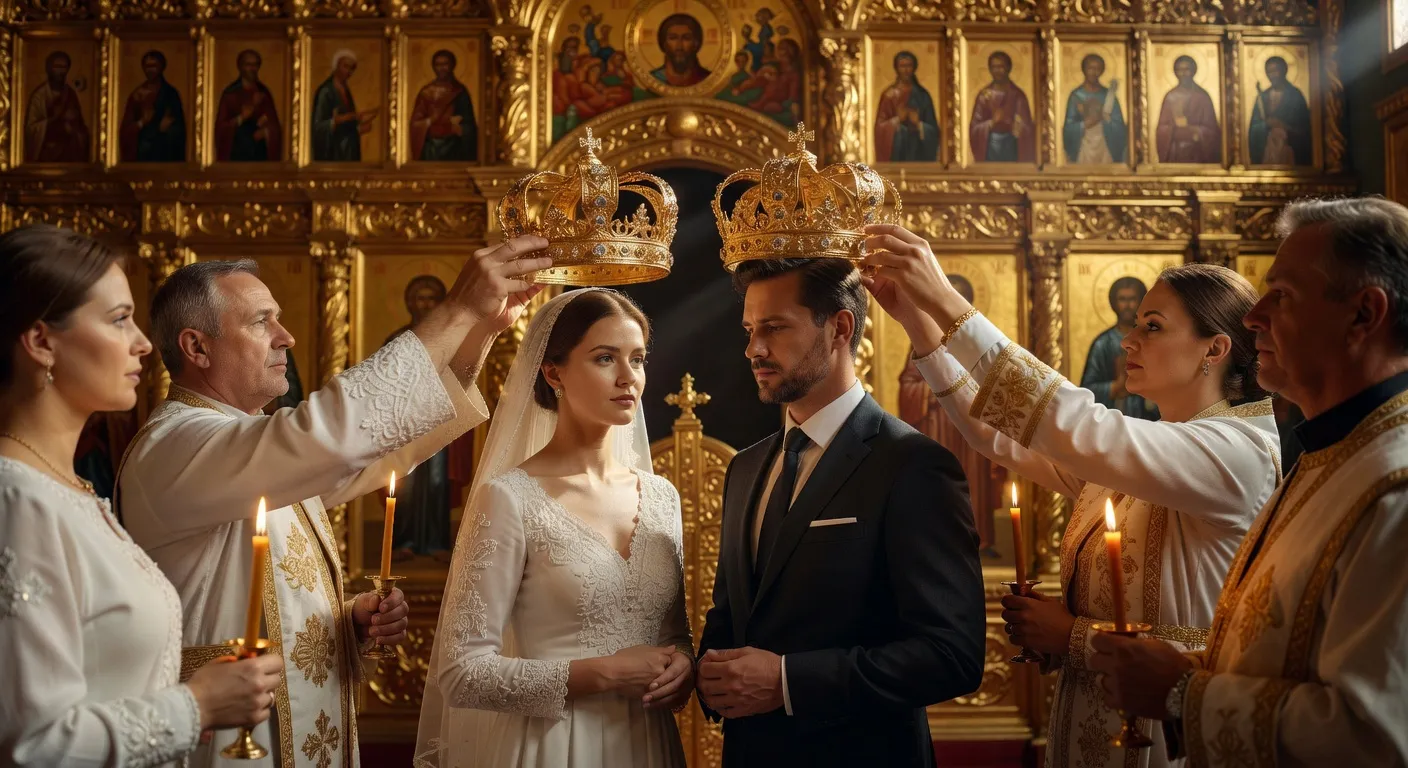 Couple lors d'un mariage orthodoxe russe avec couronnes nuptiales tenues au-dessus des têtes par les parrains