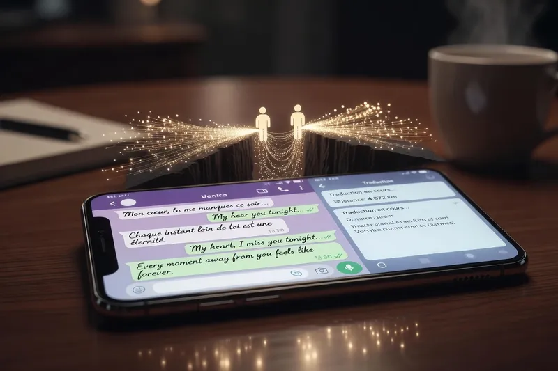 Conversation romantique à distance sur smartphone avec traducteur ouvert - communication interculturelle