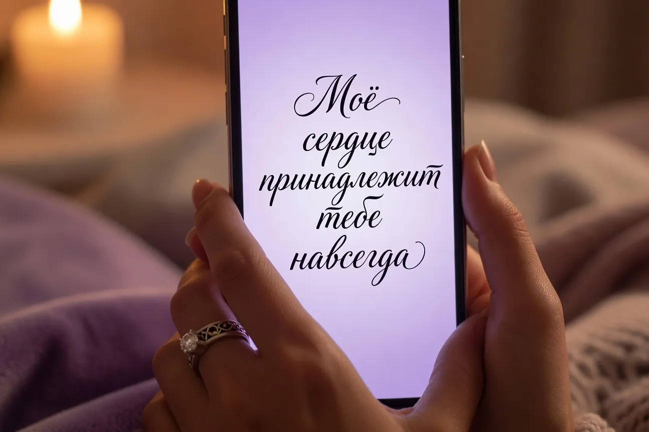 Smartphone affichant un message d'amour en russe, ambiance douce