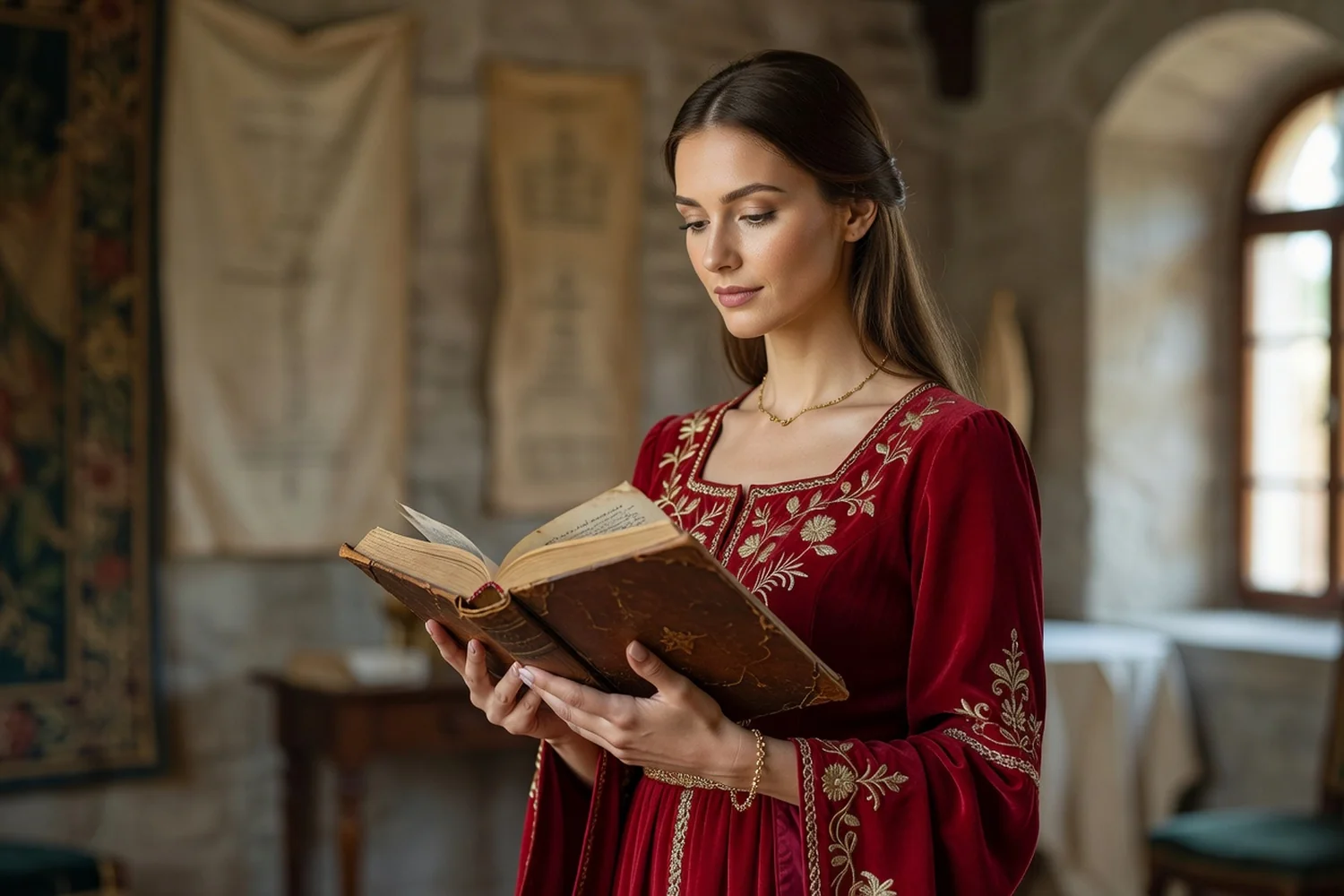 Femme slave en robe rouge brodée lisant un recueil de poésie ancien à mi-corps