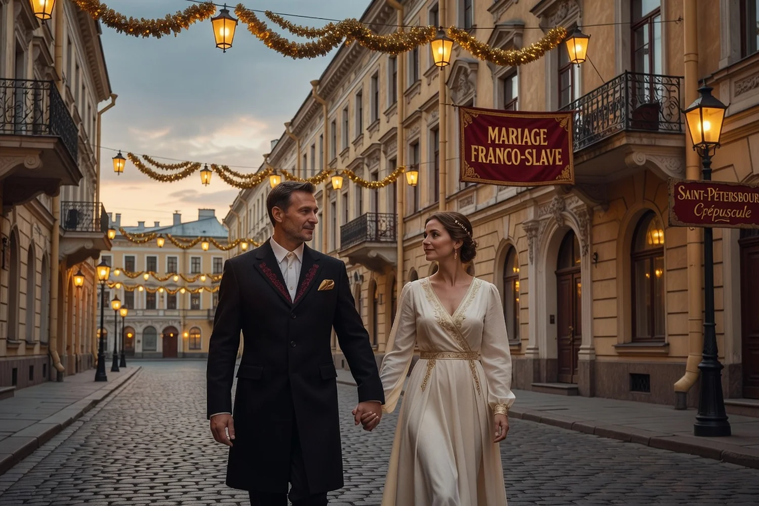 Couple mixte marchant main dans la main dans une rue ancienne de Saint-Pétersbourg au crépuscule, guirlandes dorées