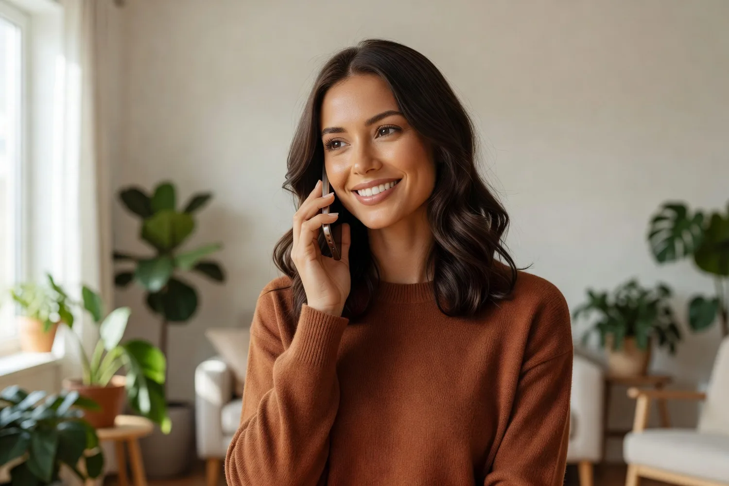 Jeune femme brune tenant un téléphone contre son oreille, souriante, dans un intérieur lumineux