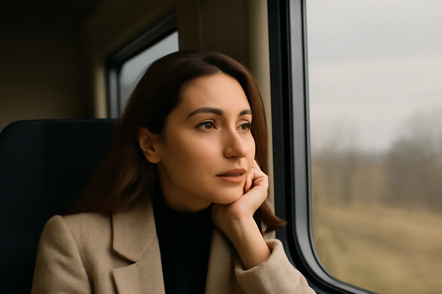 Femme russe pensive regardant par la fenêtre d'un train, entre deux pays