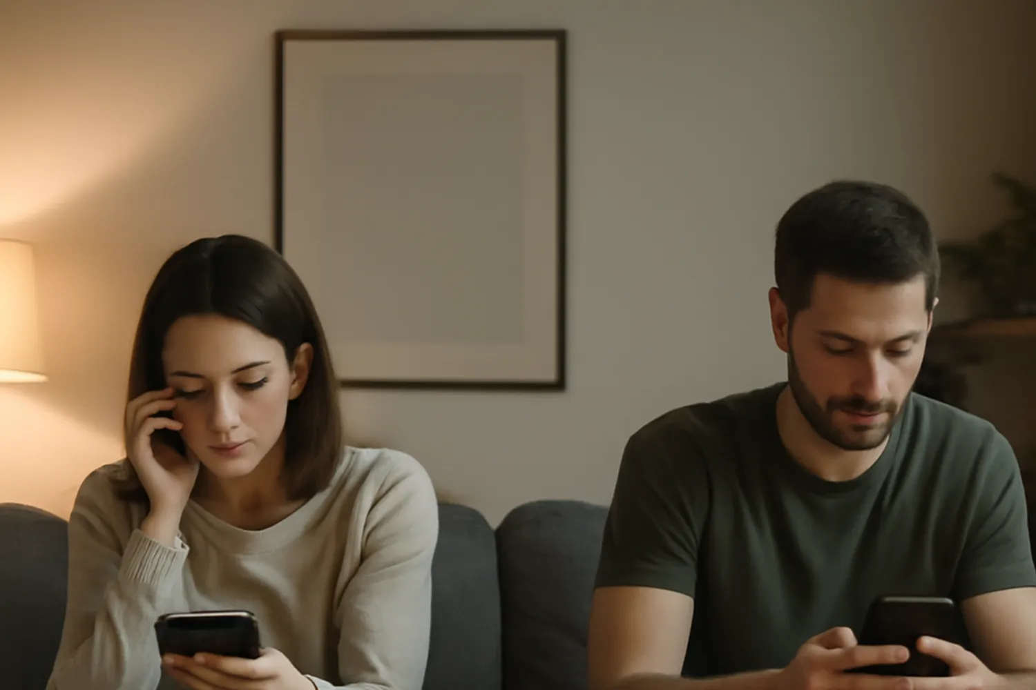 Couple assis en silence chacun sur son téléphone, symbole du détachement conjugal