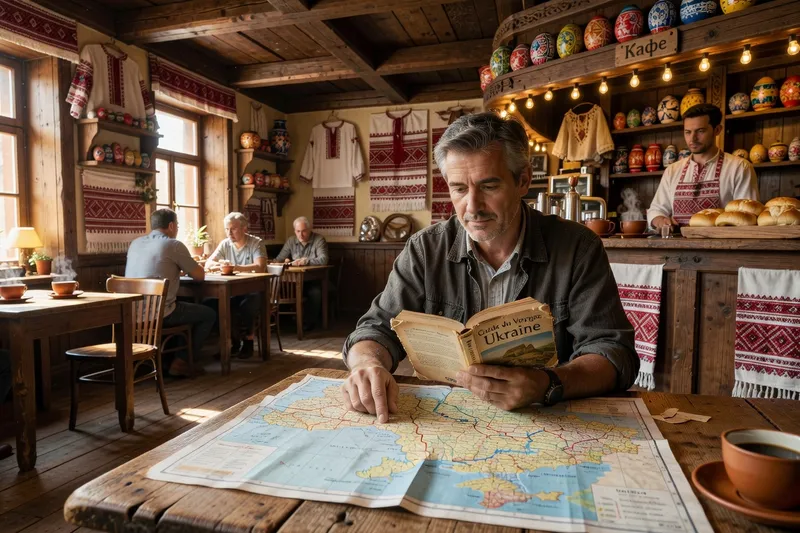Homme français dans un café ukrainien traditionnel avec guide de voyage - voyage de rencontre slave
