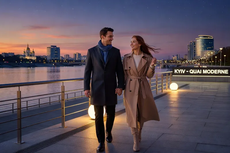 Couple franco-ukrainien se promenant sur les quais de Kyiv au crépuscule - voyage romantique
