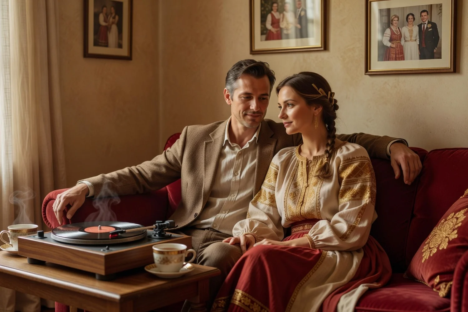 Couple mixte écoutant un disque vinyle dans un salon chaleureux