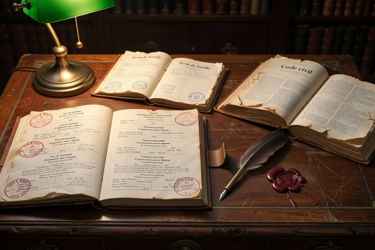 Dossier de mariage international ouvert sur bureau ancien, documents traduits français-russe, tampons d'apostille, livret de famille, ambiance éditoriale professionnelle
