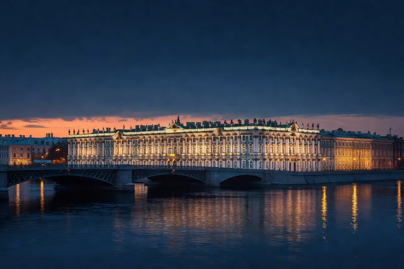 Vue panoramique de Saint-Pétersbourg au crépuscule avec le palais d'hiver illuminé et le pont Dvortsoviy, ambiance romantique