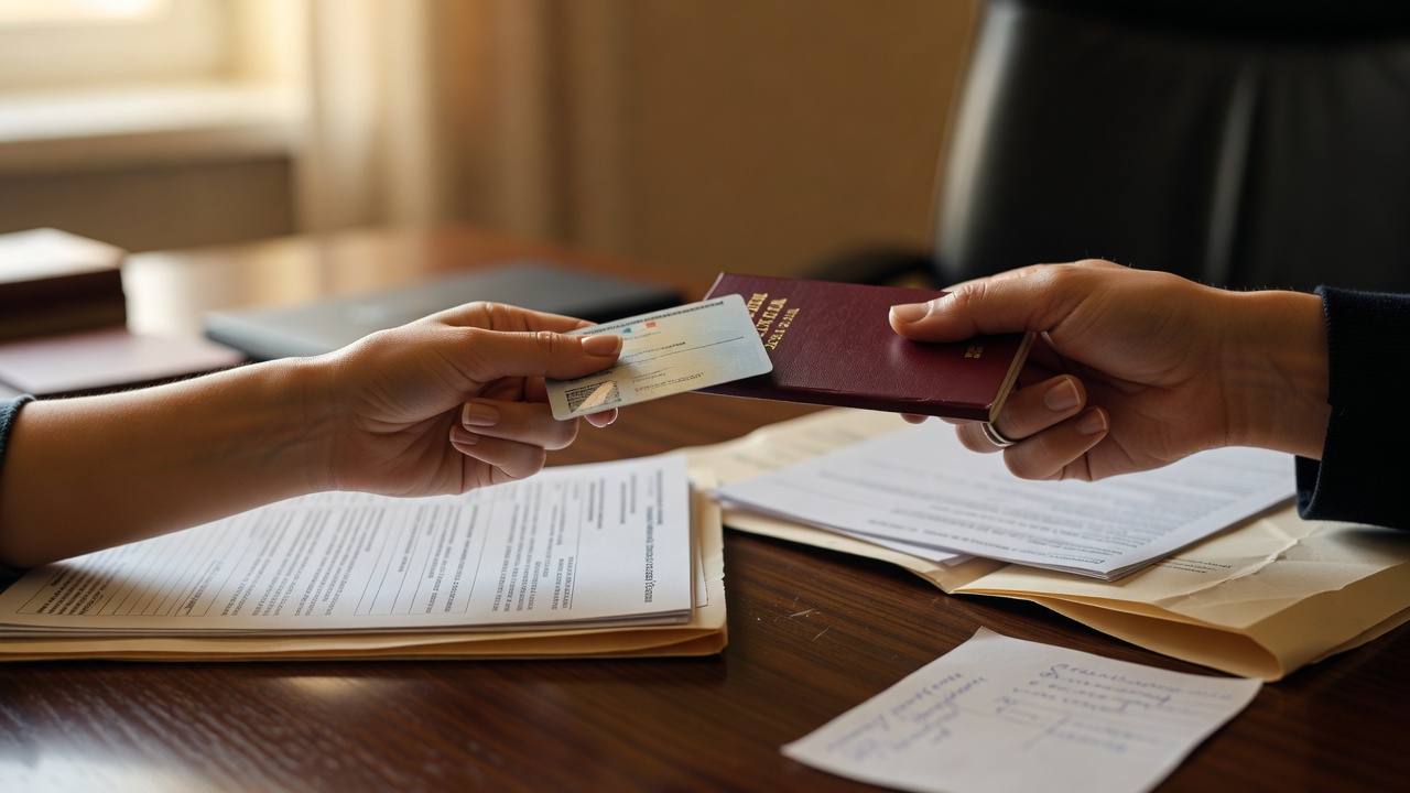 Échange d'un titre de séjour français et d'un passeport russe sur un bureau administratif