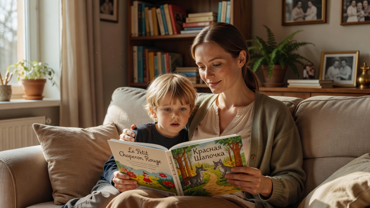 Mère russe lisant un livre bilingue français-russe à son jeune enfant