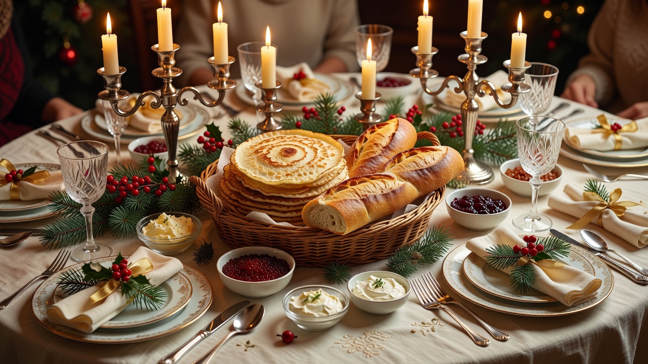 Table festive mêlant cuisine russe et française, blinis et baguette