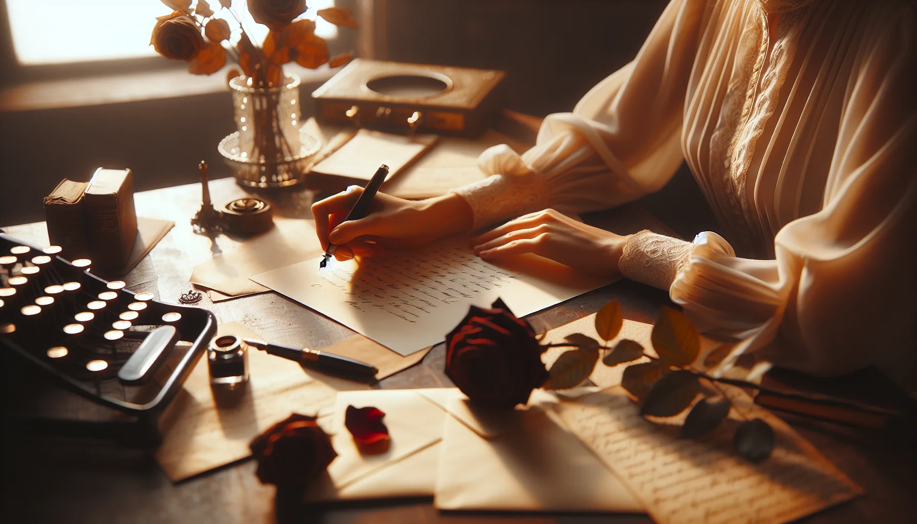 Lettre d amour manuscrite avec des fleurs et un stylo plume