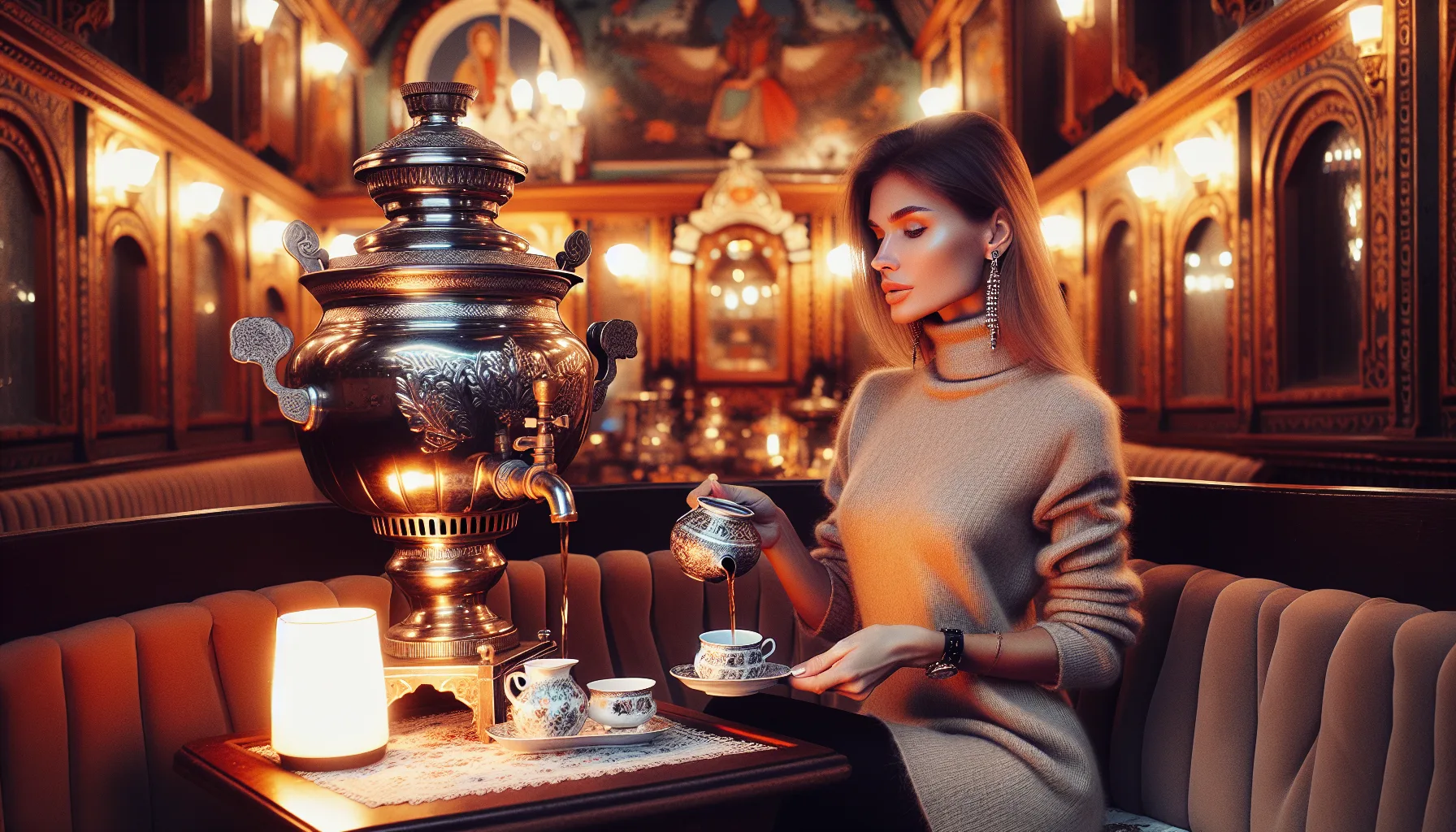 Femme russe elegante servant le the dans un salon traditionnel avec samovar - culture et traditions russes