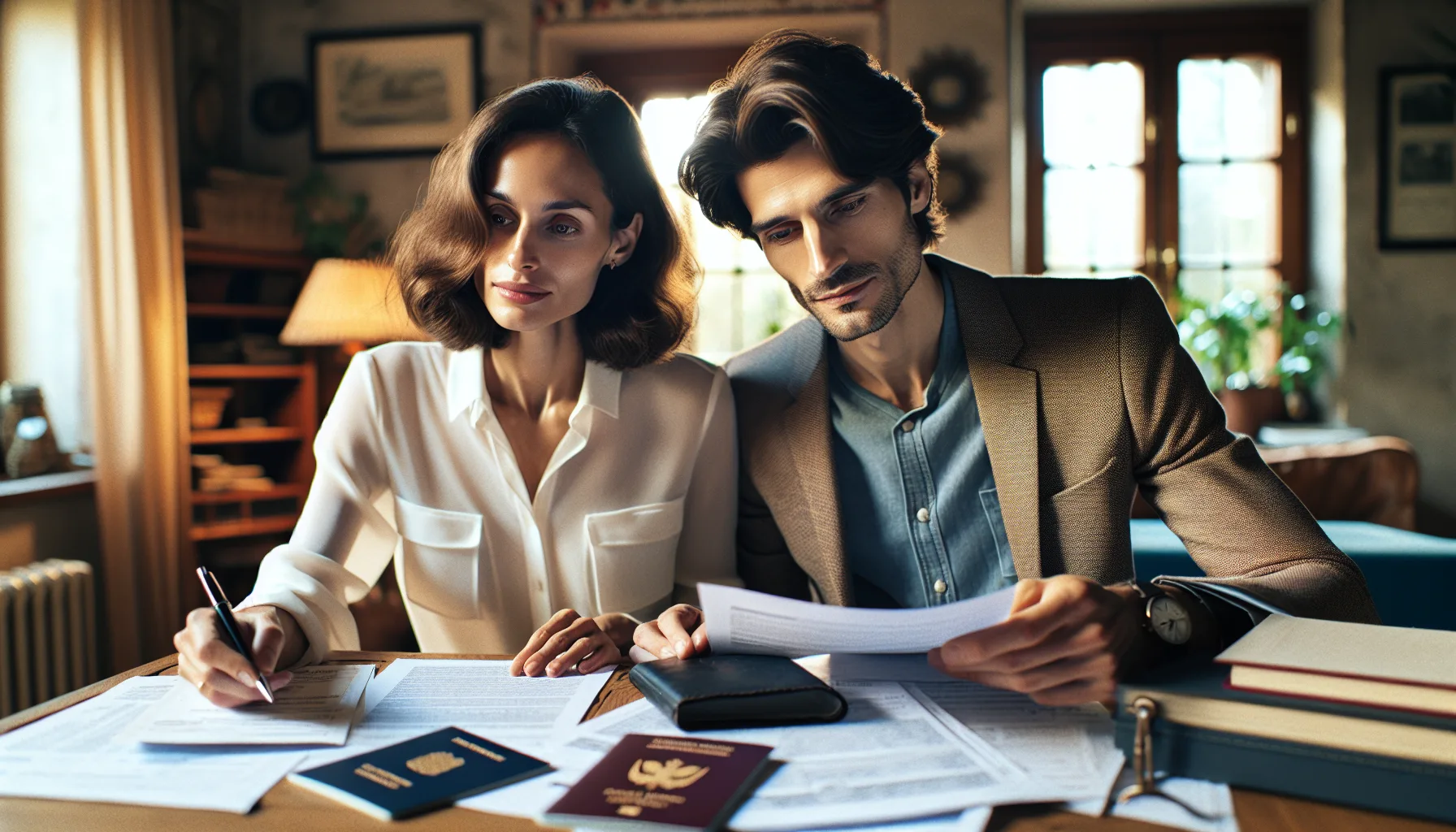 Couple franco-russe preparant ensemble les documents administratifs pour le visa - demarches visa fiancee