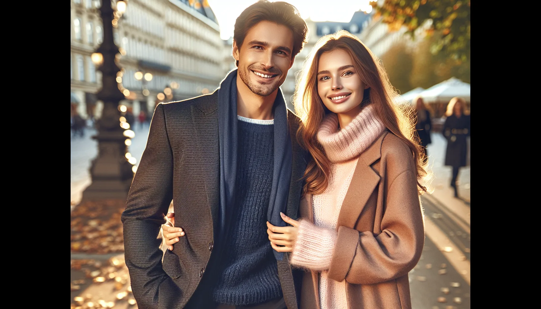 Couple heureux se promenant dans un parc europeen en automne - bonheur avec une femme de l Est