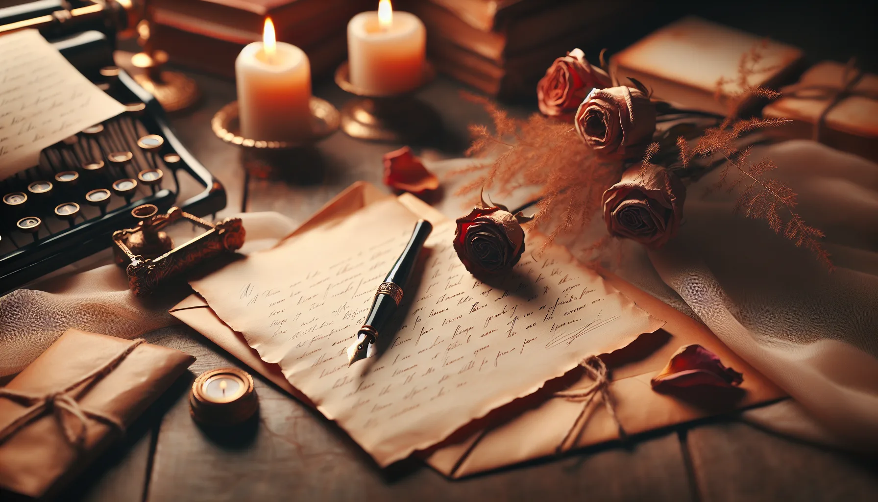 Lettre d amour manuscrite avec stylo plume et roses sechees sur un bureau en bois