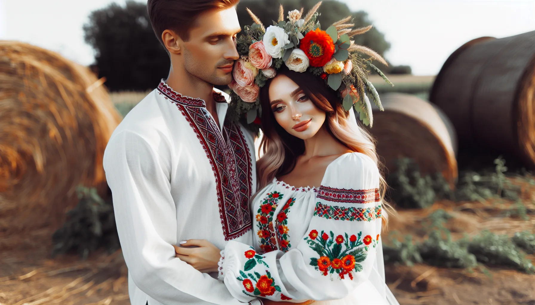 Couple en tenue traditionnelle ukrainienne avec vyshyvanka brodee et couronne de fleurs dans un cadre champetre