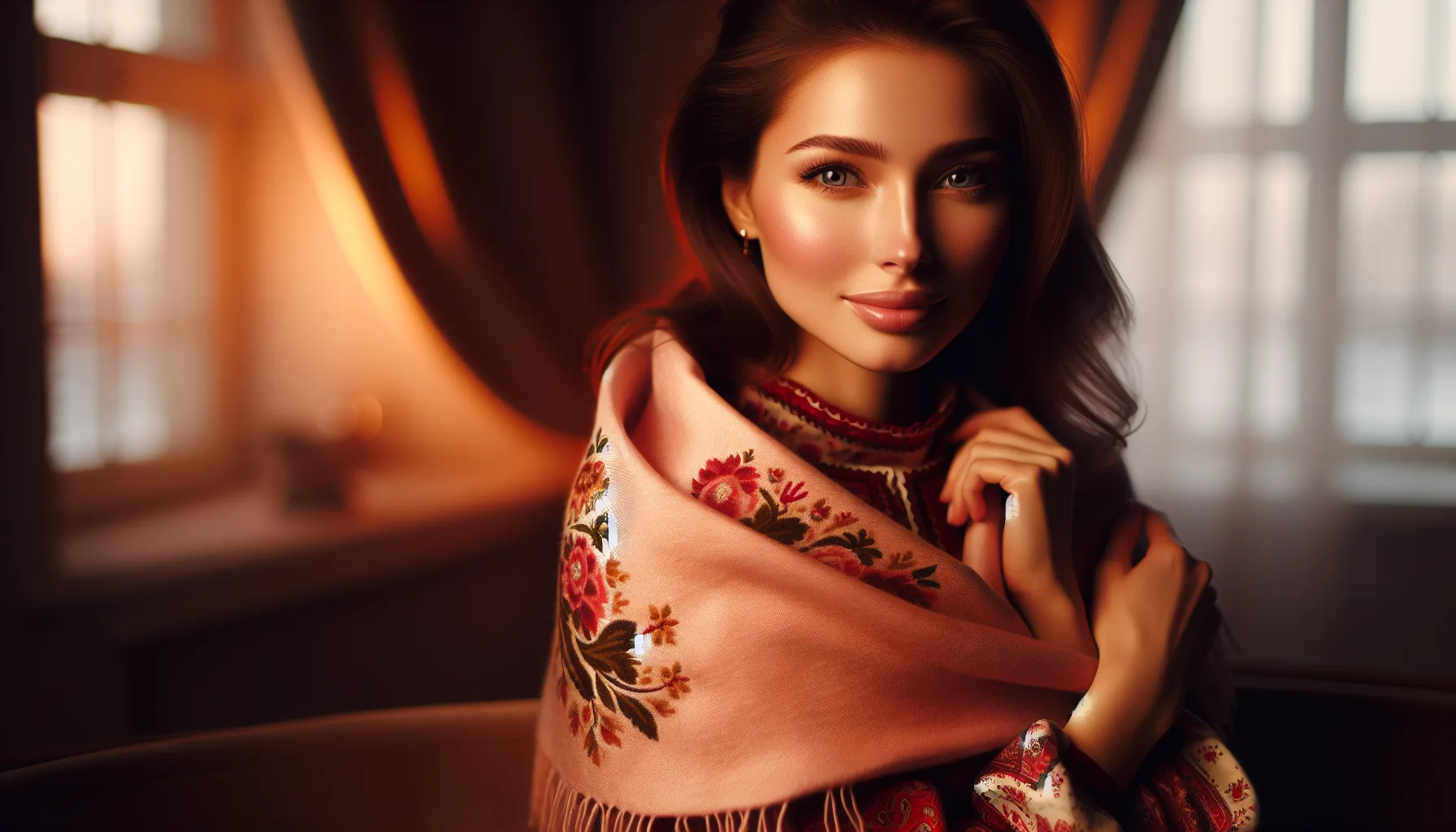 Femme russe elegante dans un cadre chaleureux avec un eclairage doux et une expression authentique