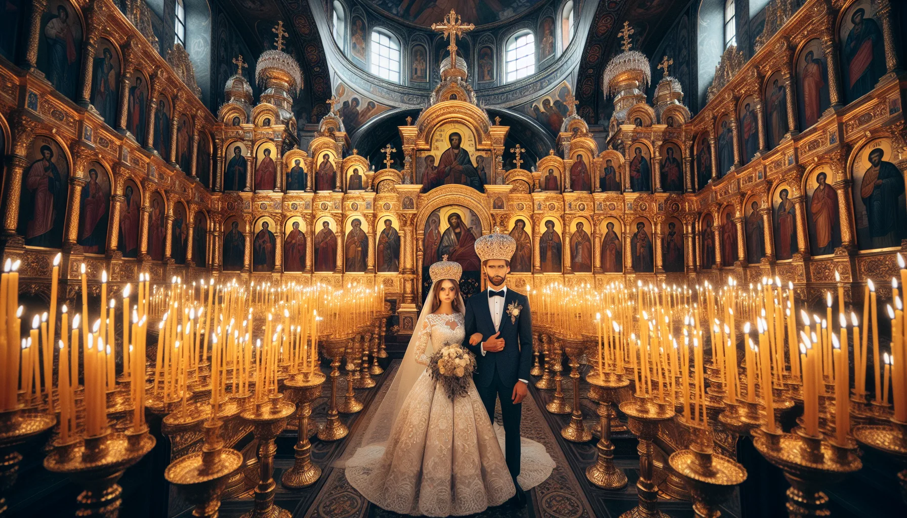 Ceremonie de mariage orthodoxe russe dans une cathedrale avec icones dorees, couronnes nuptiales et bougies