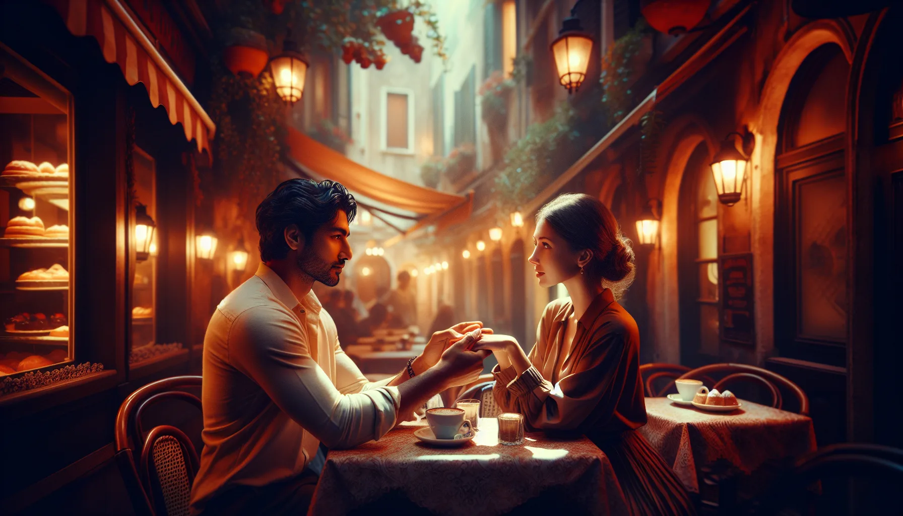 Couple international se rencontrant pour la premiere fois dans un cafe europeen avec une atmosphere romantique