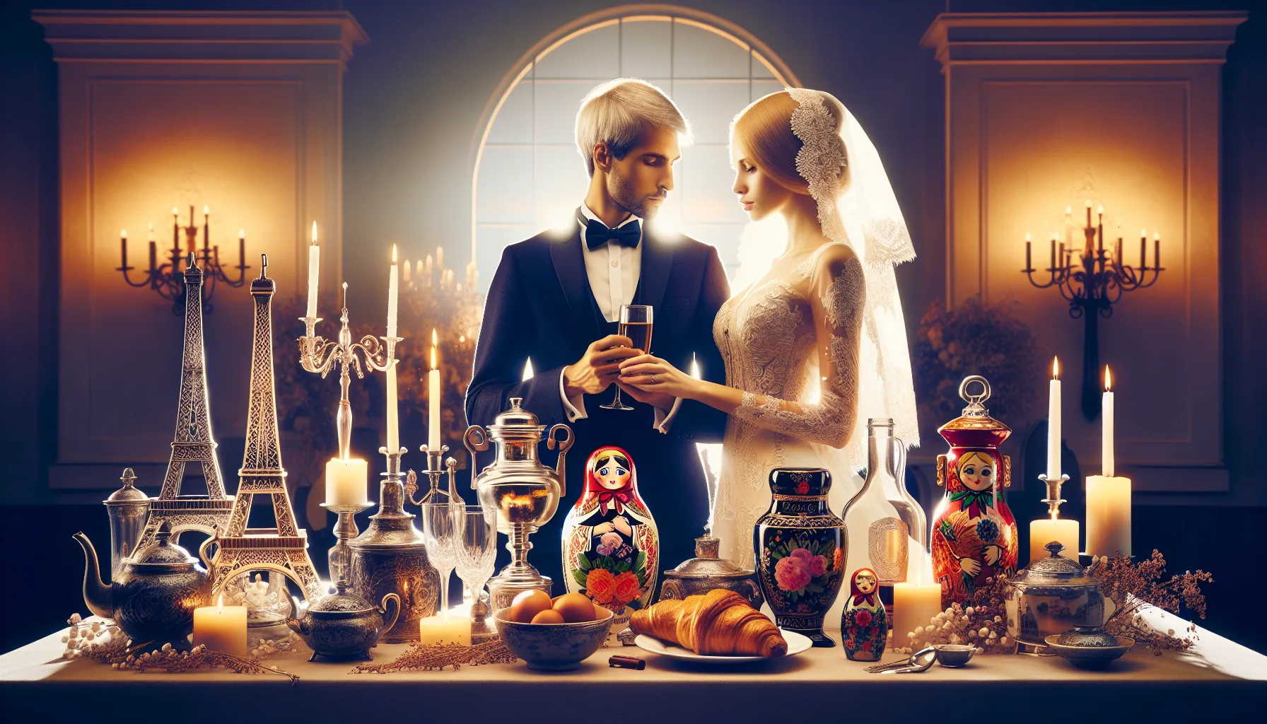 Ceremonie de mariage franco-russe avec elements culturels francais et russes dans une atmosphere chaleureuse et romantique